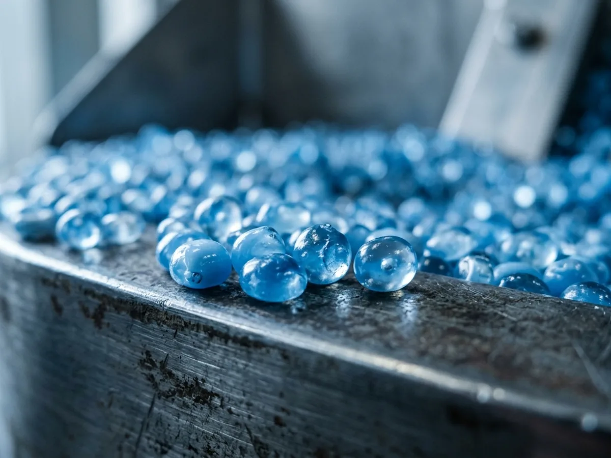 Close-up of blue polymer pellets